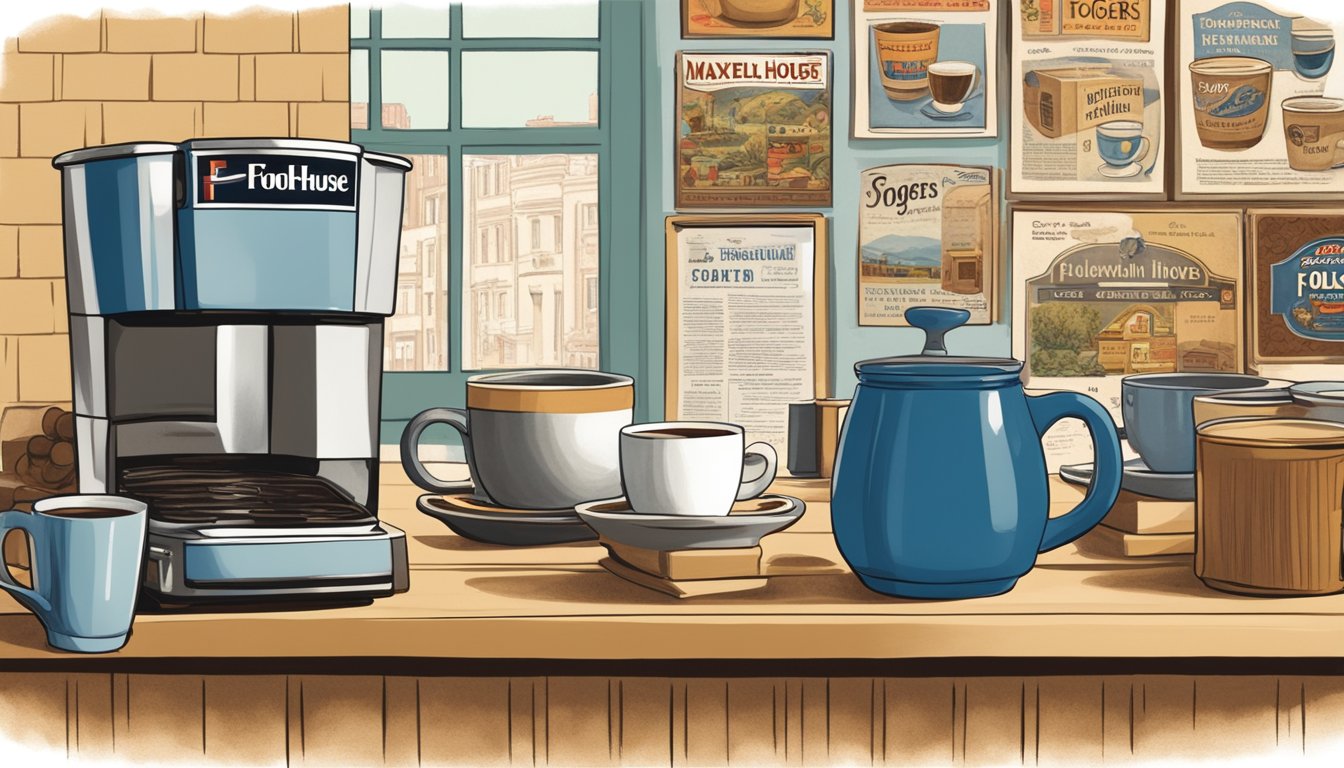 A cozy kitchen with two steaming mugs of coffee, one labeled "Folgers" and the other "Maxwell House," surrounded by vintage coffee advertisements