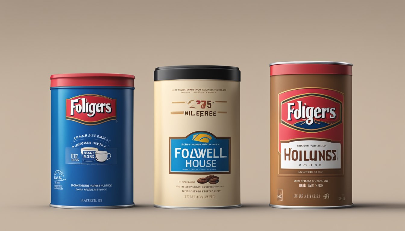 Two coffee cans side by side, one labeled Folgers and the other Maxwell House. A price tag and a list of features next to each