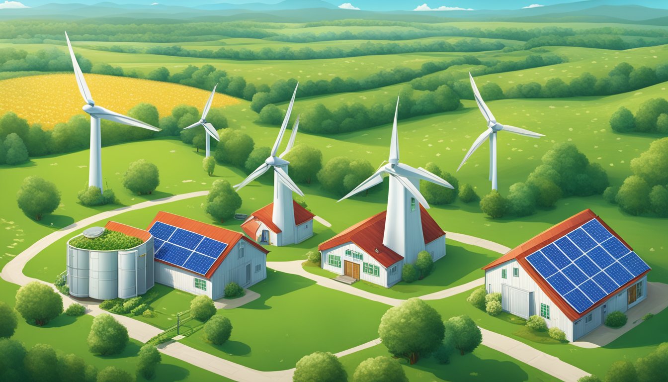 A lush green field with Orville Redenbacher's and Pop Secret popcorn brands' logos surrounded by wind turbines and solar panels