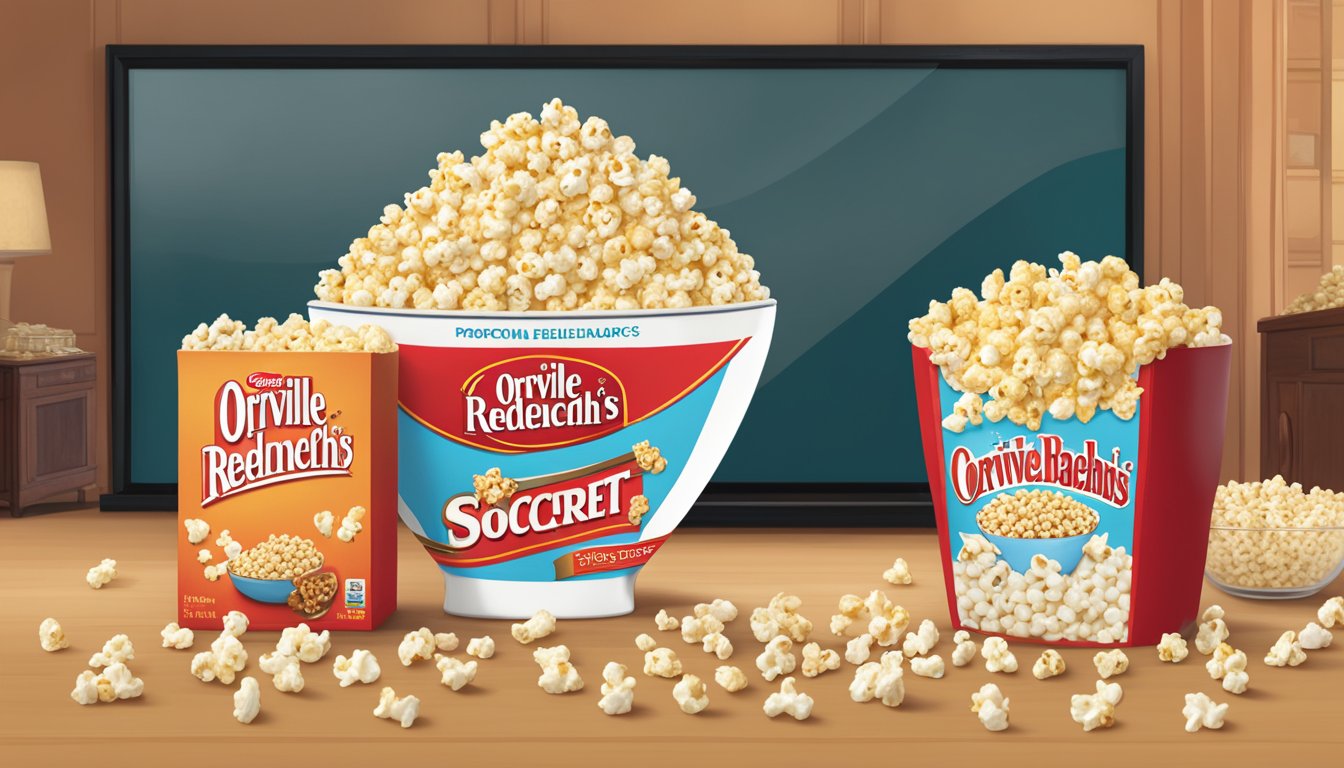 A bowl of Orville Redenbacher's and Pop Secret popcorn sit side by side, surrounded by scattered kernels and a movie playing on a screen in the background