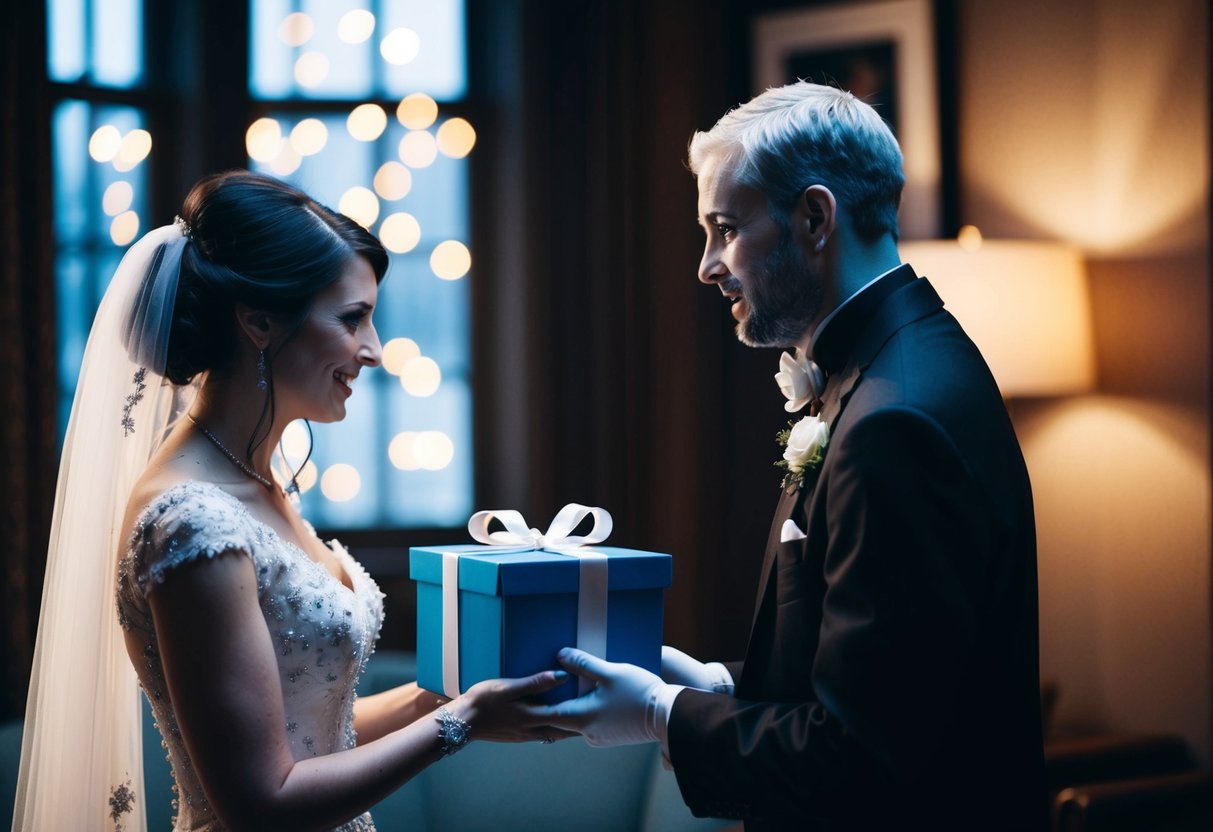 A bride receives a blue gift box from a mysterious figure in a dimly lit room