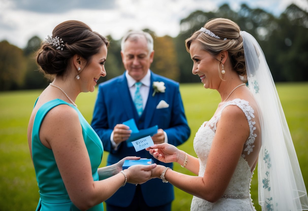 A bride receives something blue from a family member or friend as a symbol of superstition and tradition