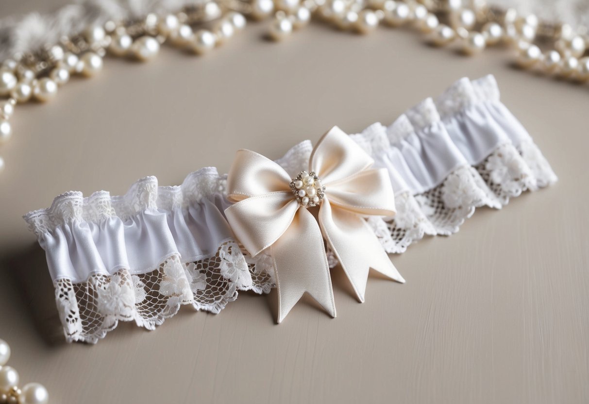 A lace garter adorned with delicate pearls and a small satin bow