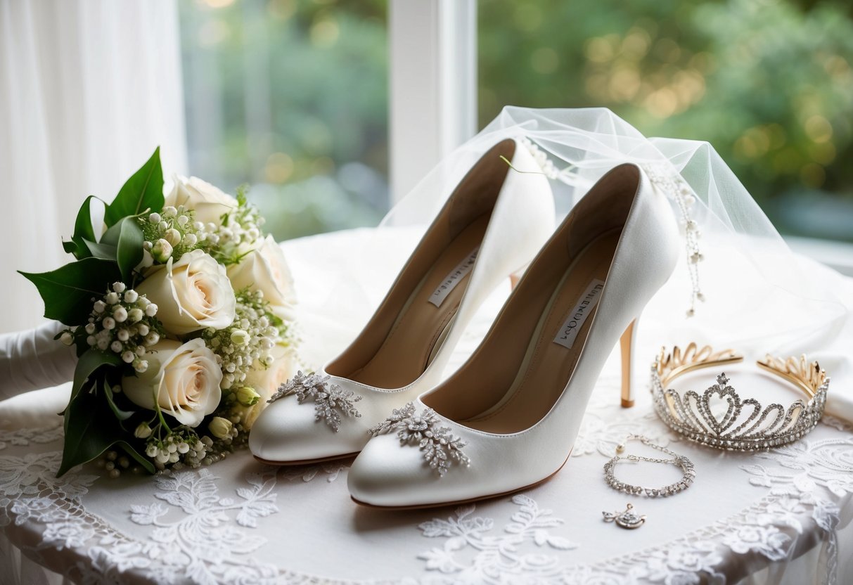 A bride's wedding day: a bouquet, veil, and elegant shoes on a lace-trimmed table, with a sparkling tiara and delicate jewelry nearby