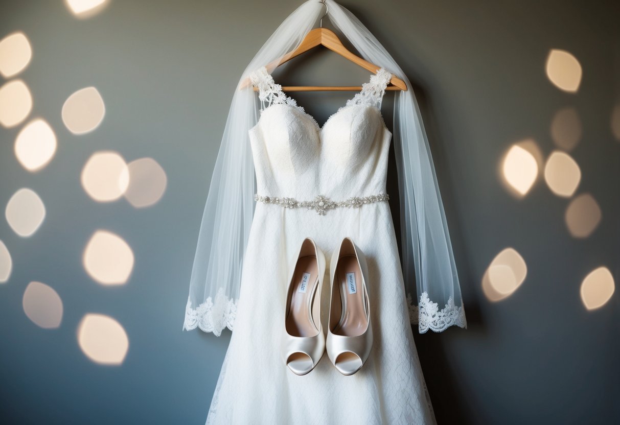 A white lace wedding dress hangs on a hanger, with a delicate veil draped over the top. A pair of satin heels sit neatly beside it