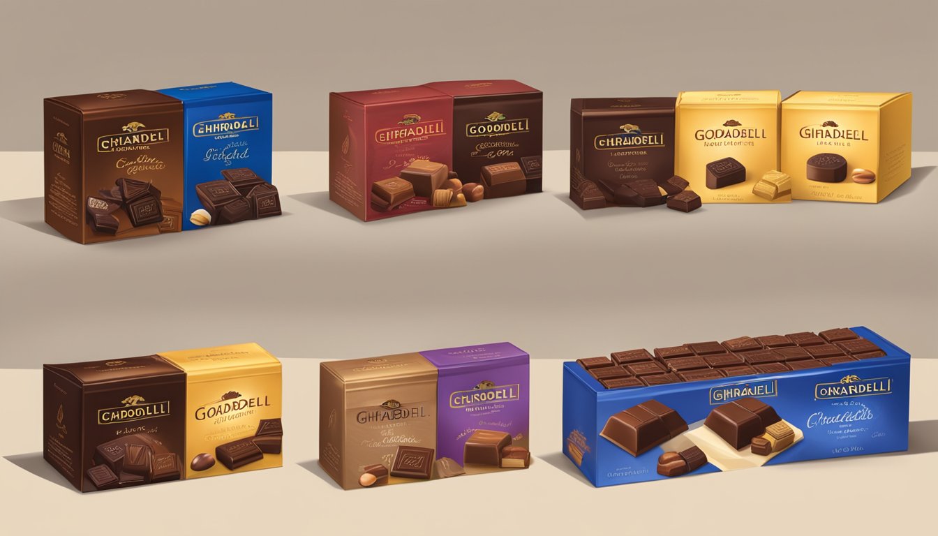 A table with two open boxes of chocolates, one labeled "Ghirardelli" and the other "Godiva." Each box displays a variety of chocolate treats, showcasing the quality and ingredients of each brand