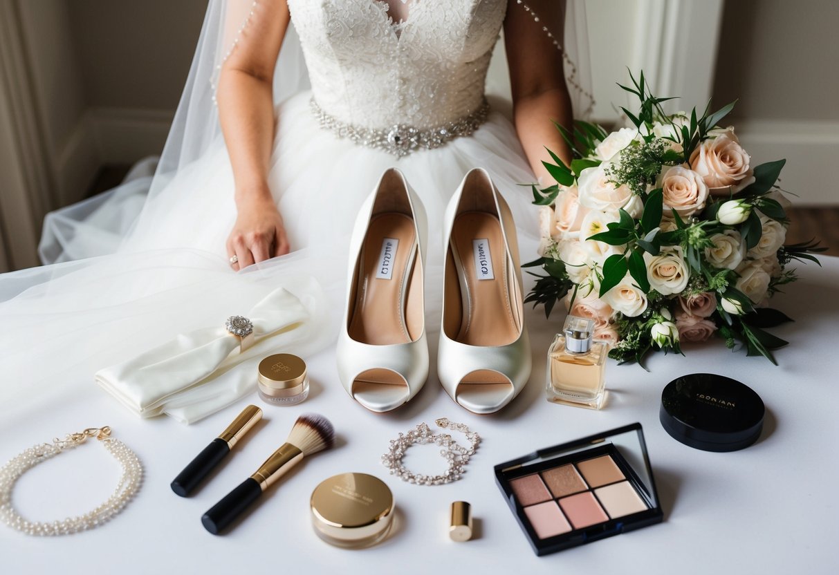 A bride's wedding day essentials: gown, veil, bouquet, shoes, jewelry, hair accessories, makeup, perfume, and a mirror for final touch-ups