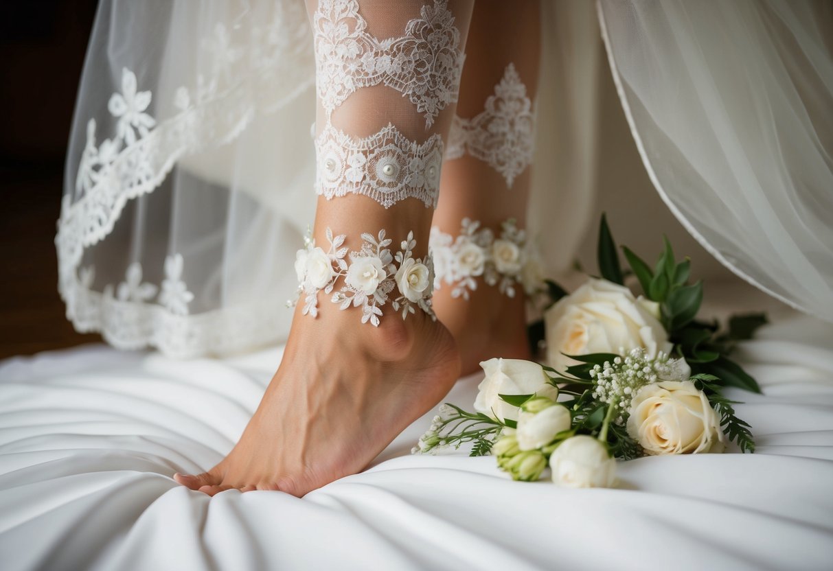 A bride's leg adorned with a delicate garter, surrounded by lace and flowers, as part of her bridal attire