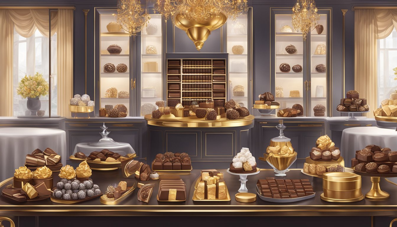 A luxurious display of decadent chocolates and elegant packaging, surrounded by opulent decor and a sense of indulgence