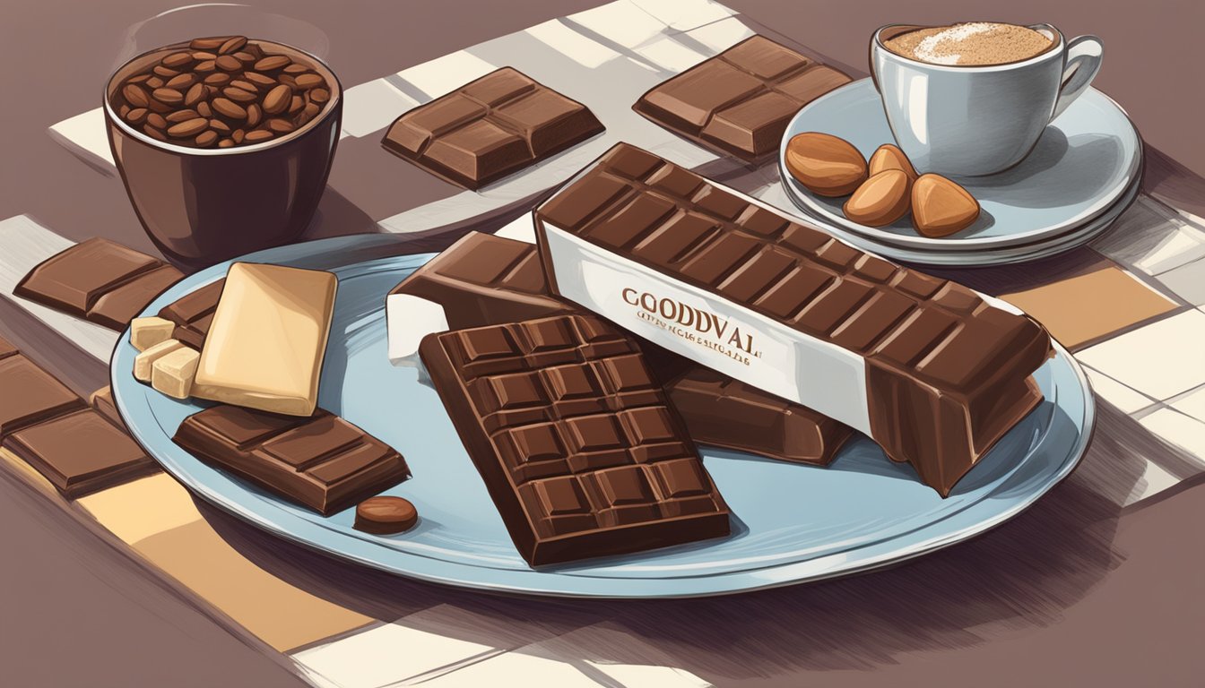 A table with two plates: one with ghirardelli chocolate and the other with godiva. Both plates surrounded by cocoa beans and chocolate bars