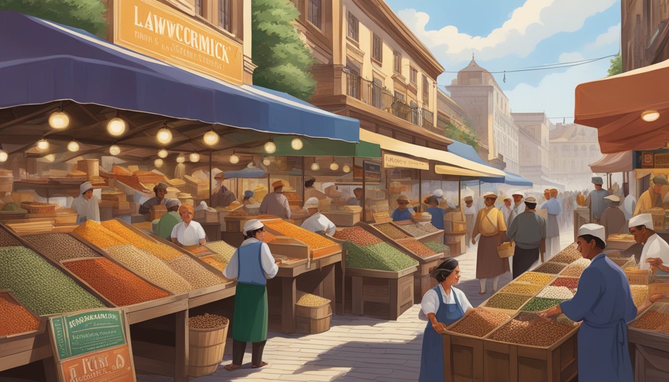 A bustling marketplace with colorful spice stalls, showcasing the rich history of McCormick and Lawry's through vintage packaging and advertising materials