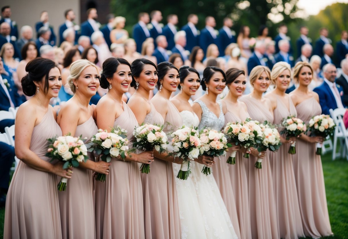 A group of 10 bridesmaids standing in a line, each holding a bouquet, with 100 guests seated in the background