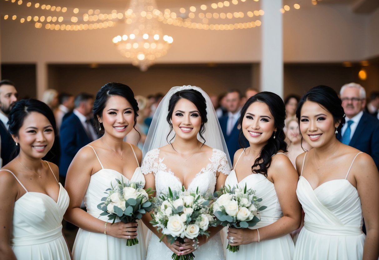 A bride surrounded by a group of bridesmaids, with 100 guests in the background
