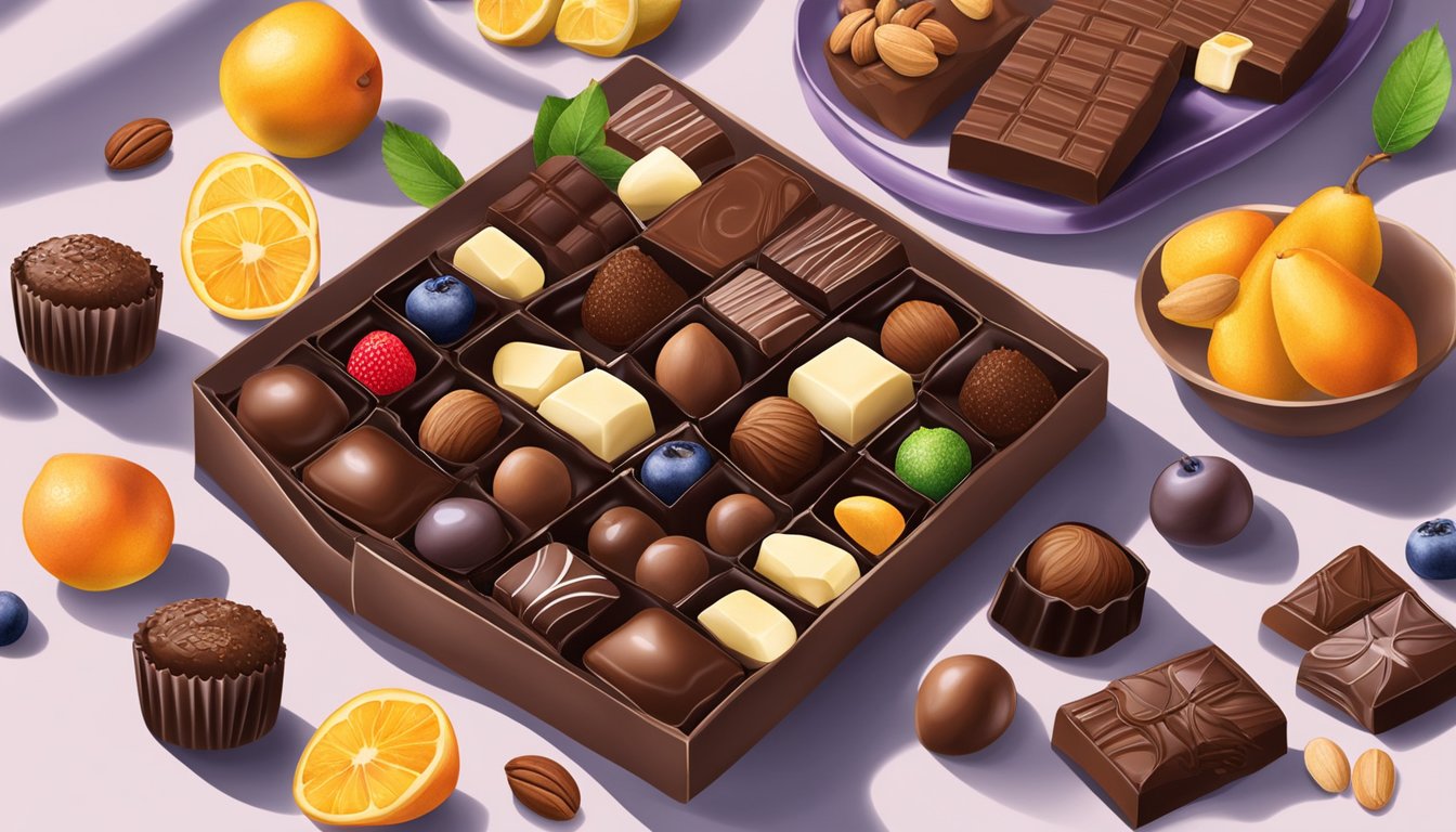 A table with a variety of decadent chocolates from Ghirardelli and Godiva, surrounded by fresh fruits and nuts