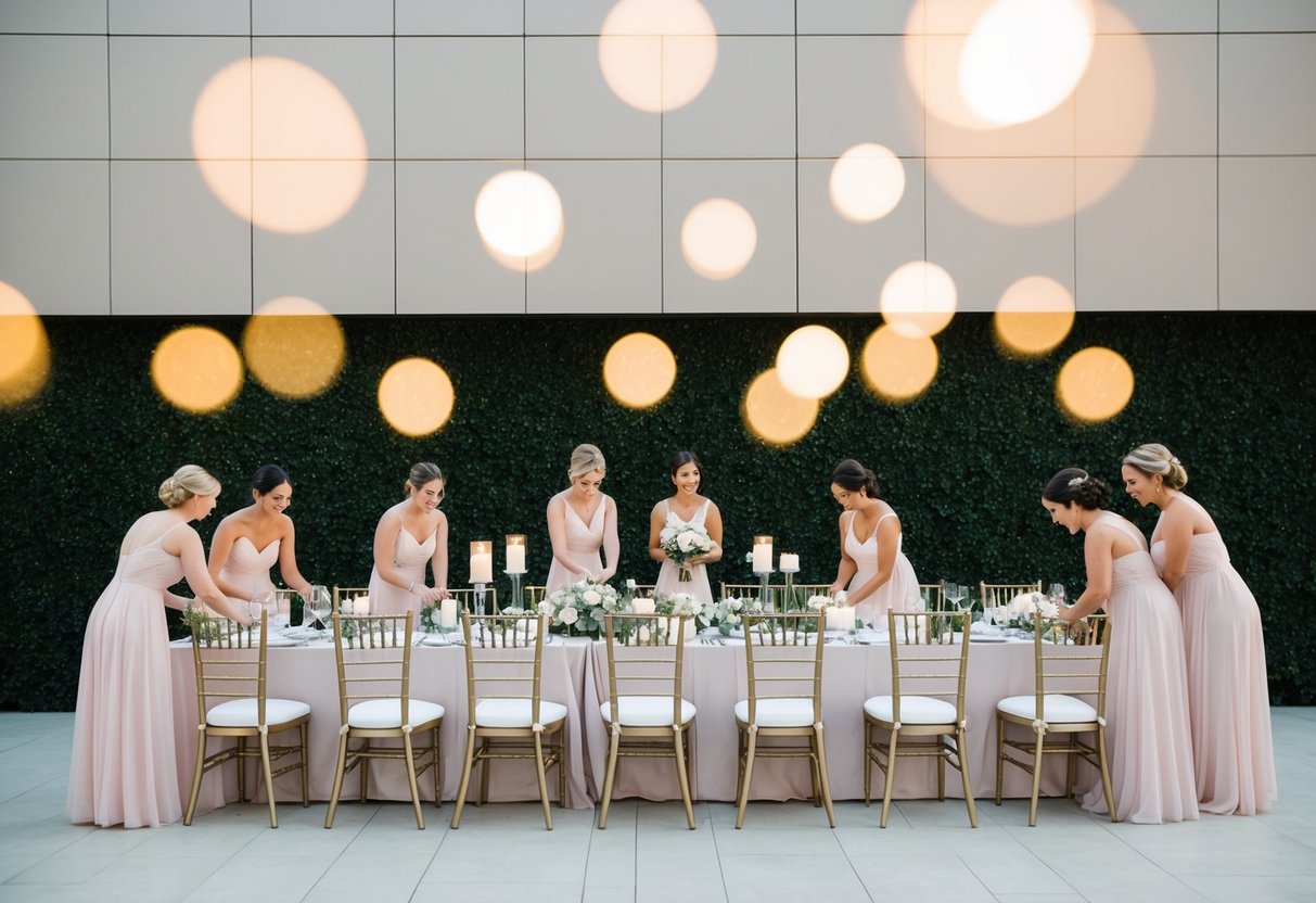 A group of bridesmaids arranging seating for 100 guests at a wedding reception