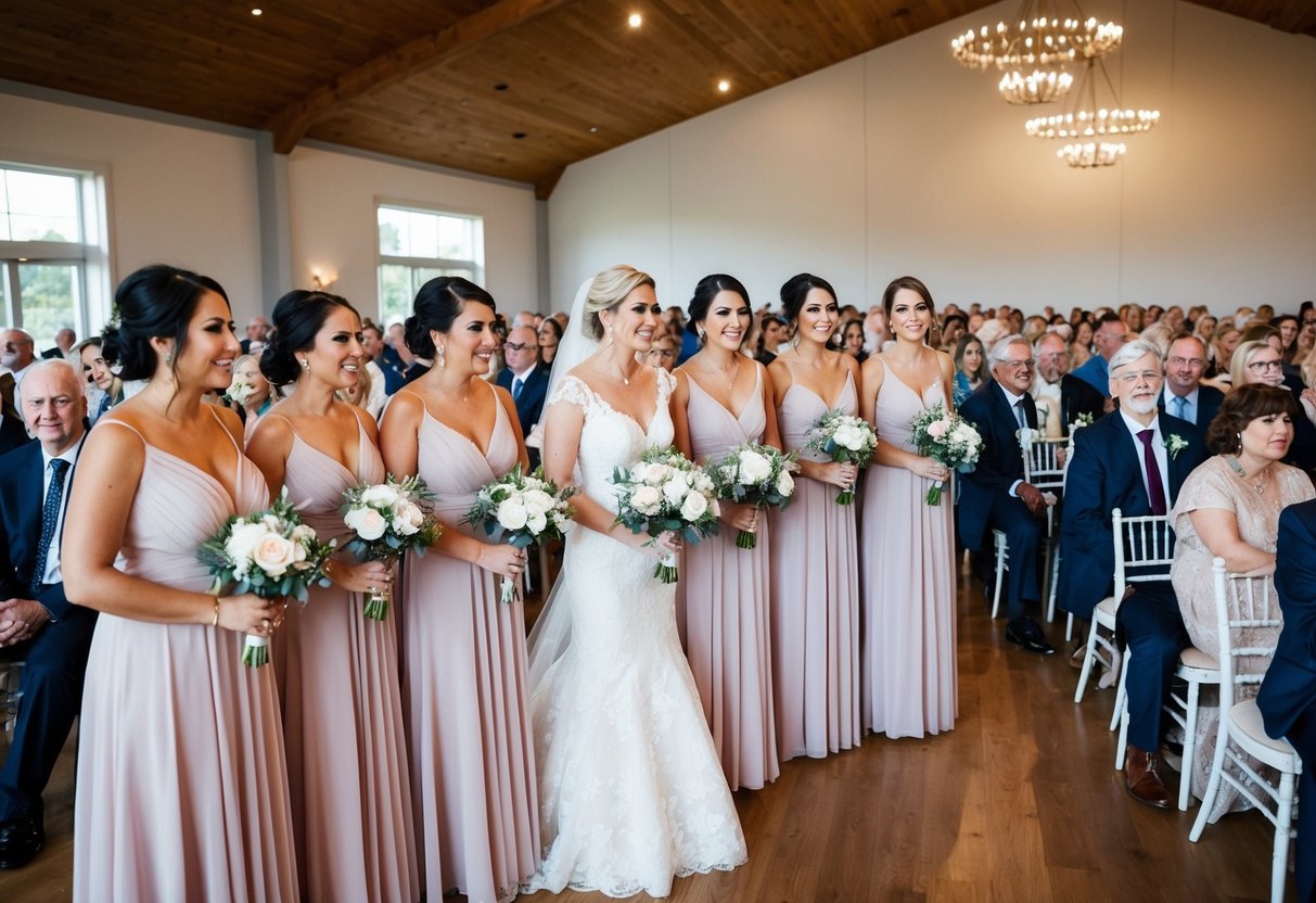 A bride and her bridesmaids standing in a row, with 100 guests seated in the background at a wedding venue