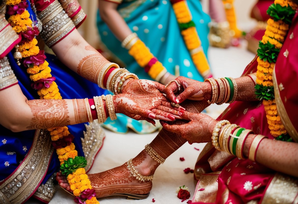 A bride's intricate henna design is being applied to her hands and feet by a skilled artist, while colorful flower garlands are being woven for the ceremony