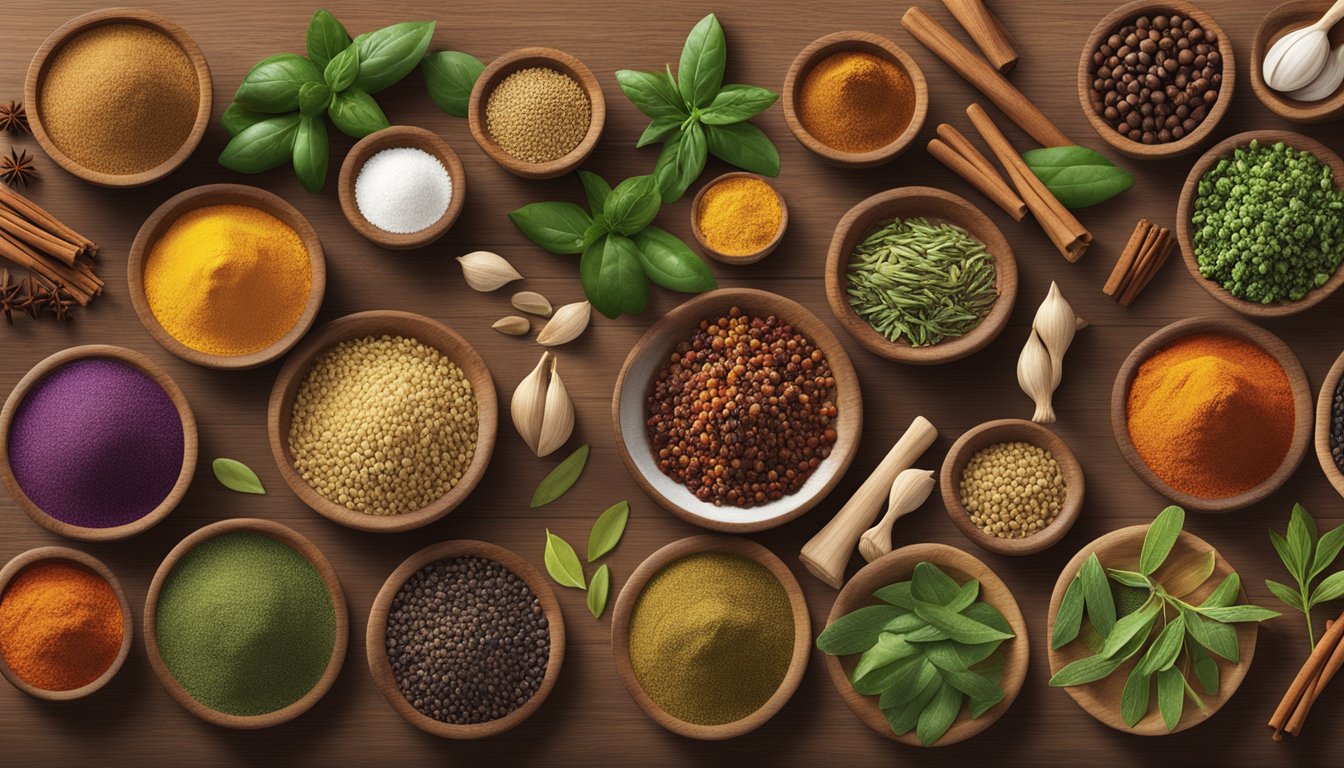 A colorful array of spices and herbs spread out on a wooden table, showcasing the distinctive flavors and ingredients of McCormick and Lawry's