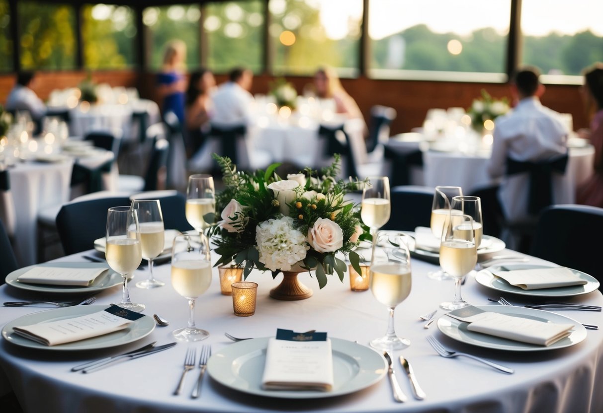 A table setting with 100 place settings, each with a designated spot for a bridesmaid and a guest