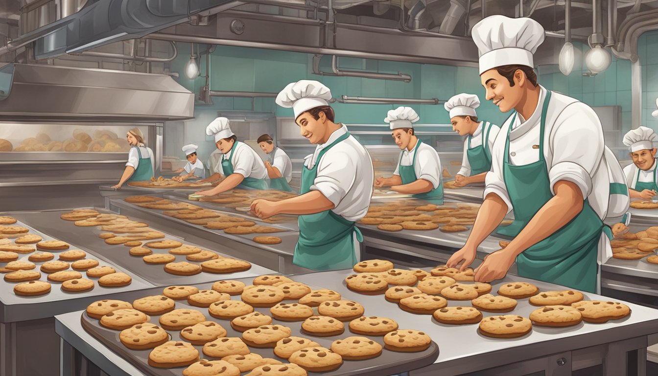 A bustling cookie factory with elves working alongside a charismatic man in a chef's hat. The aroma of freshly baked cookies fills the air