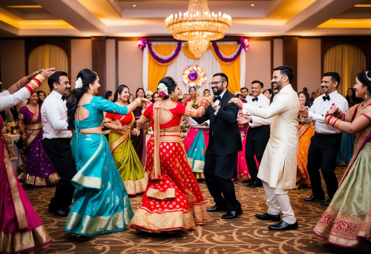 Guests dance in a circle, musicians play traditional music, and colorful decorations adorn the venue. Food and drinks are served as people celebrate the newlyweds