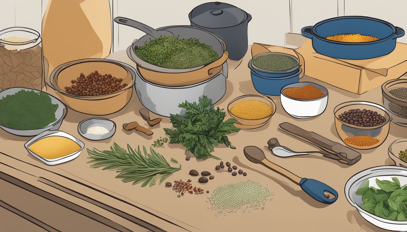 A kitchen counter with various spices and herbs scattered around, including McCormick and Lawry's containers. A pot and a pan are visible, suggesting cooking activities