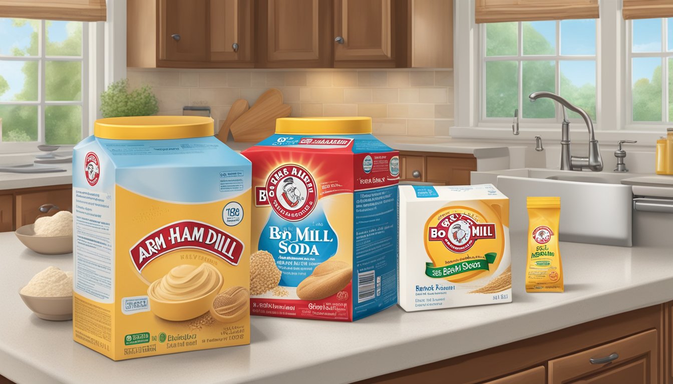 A kitchen counter with two open boxes of baking soda, one labeled "Arm & Hammer" and the other "Bob's Red Mill."