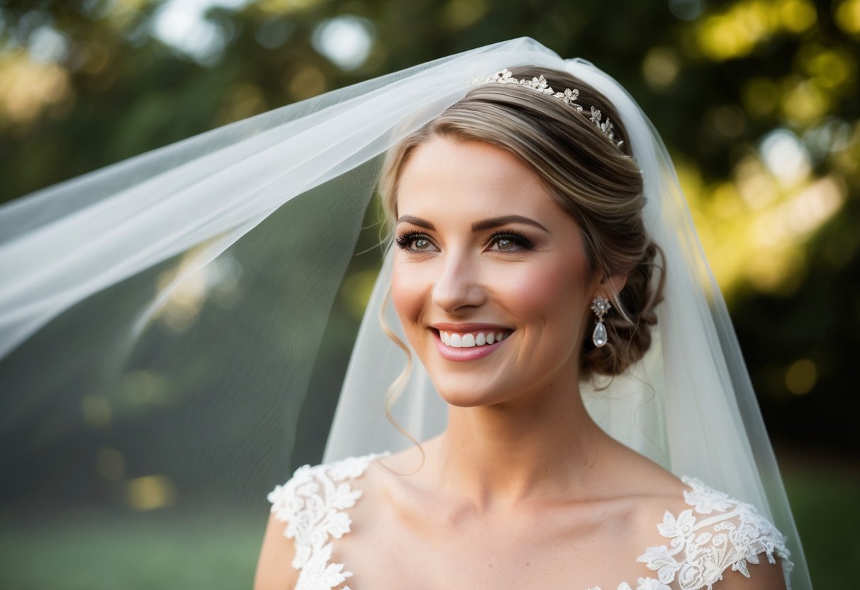 A gentle breeze lifts the bride's veil, revealing her radiant smile