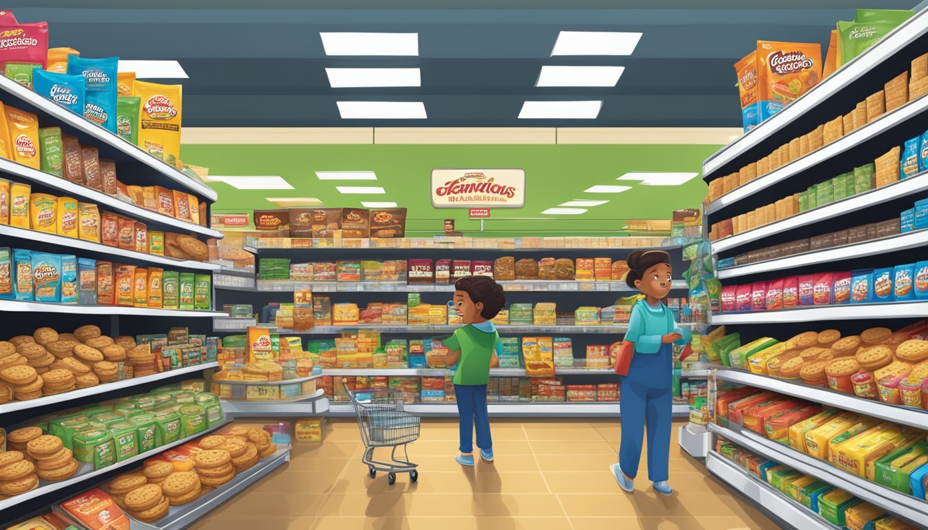 A bustling supermarket aisle with colorful packaging and signage for Keebler and Famous Amos cookies, competing for attention