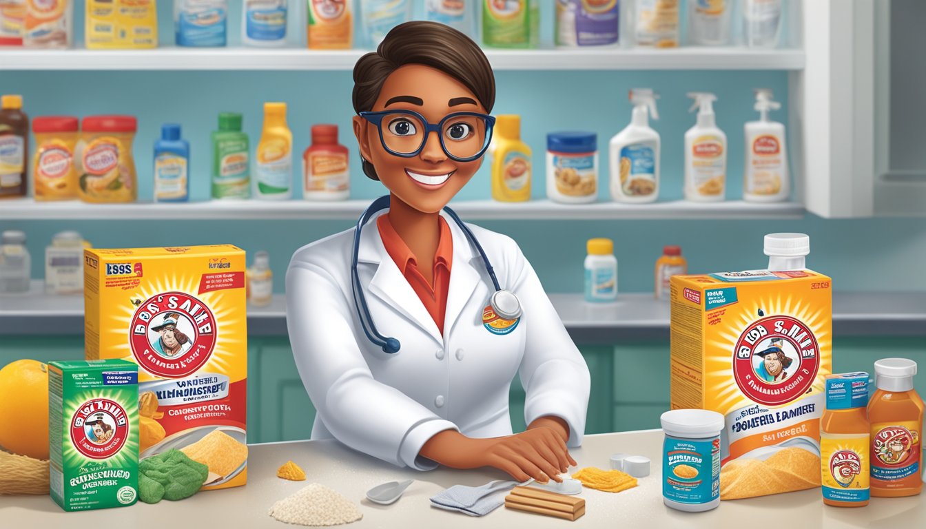 A person wearing a lab coat and safety goggles compares Arm & Hammer and Bob's Red Mill products on a laboratory table