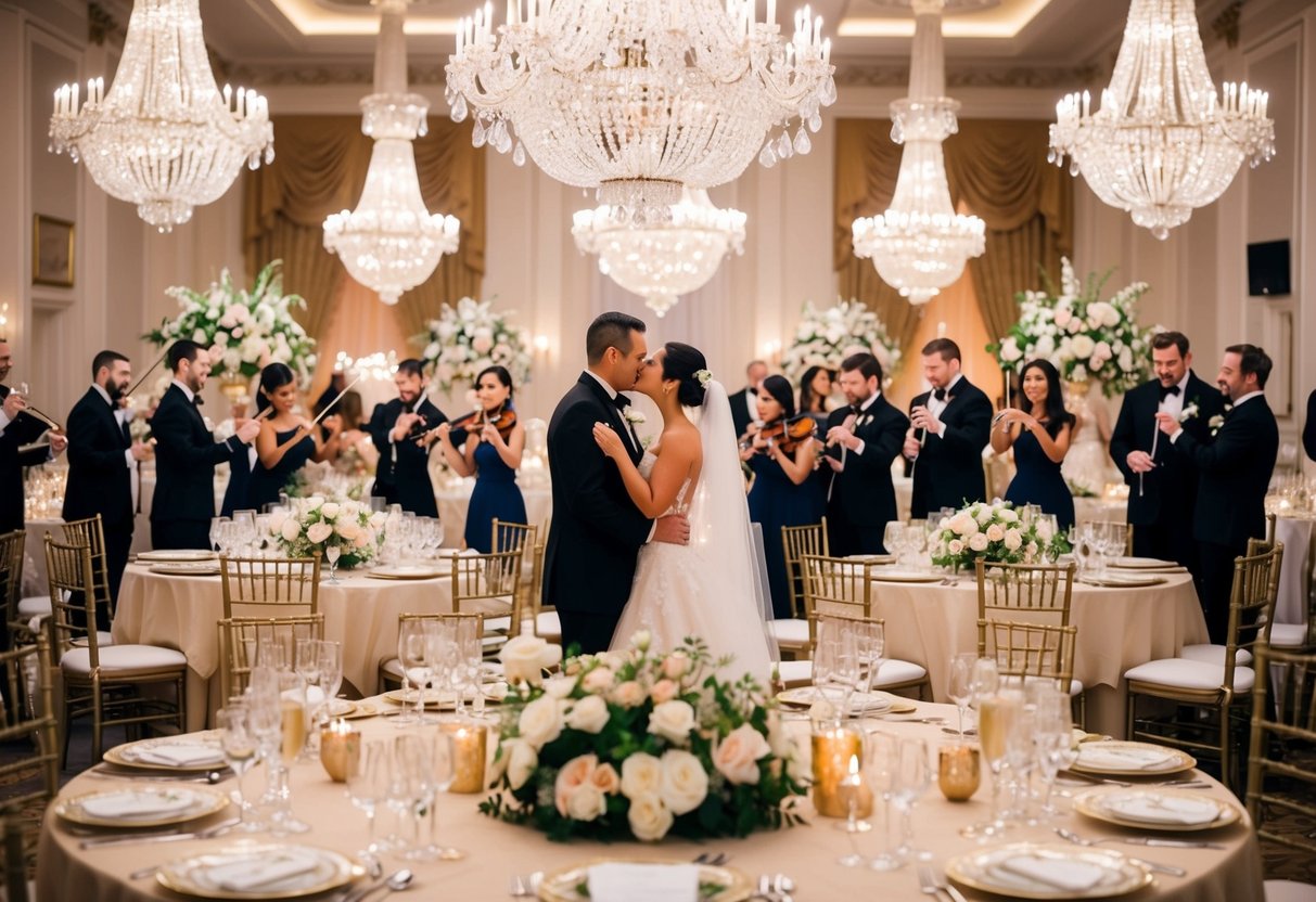A grand ballroom adorned with elegant chandeliers, luxurious floral arrangements, and glistening table settings. A string quartet plays softly in the background as guests mingle and toast to the happy couple