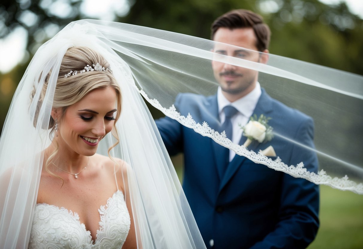 A bride's veil being lifted by an unseen force, symbolizing the traditional role of the groom or a family member