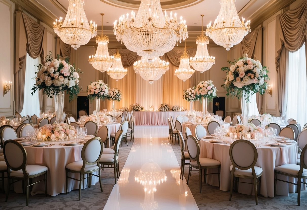 A grand ballroom adorned with elegant chandeliers, draped in luxurious fabrics, and adorned with opulent floral arrangements in a sophisticated color palette of gold, ivory, and blush