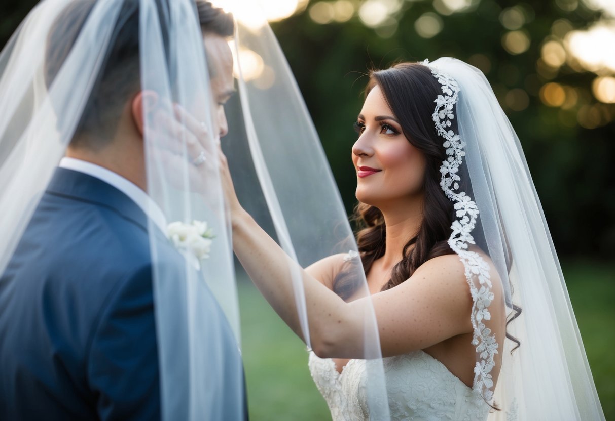 A figure reaching towards a bride's veil, with a sense of anticipation and reverence
