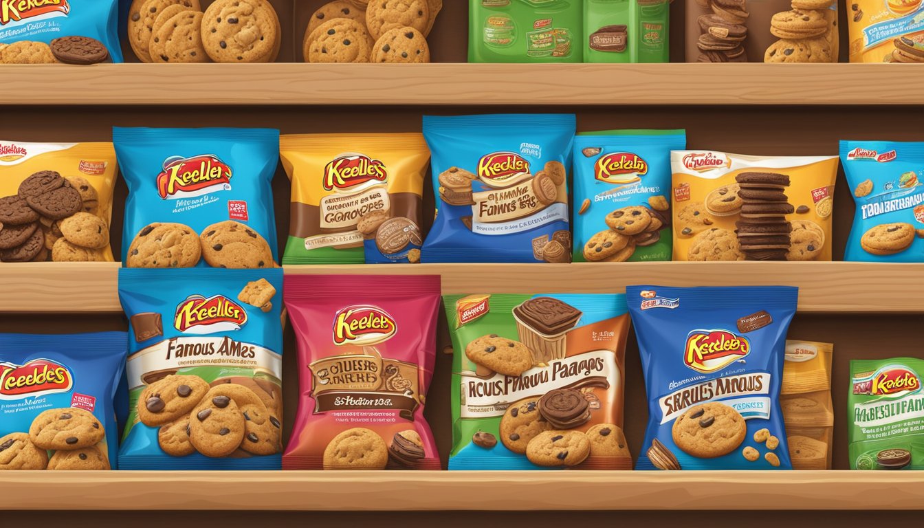 A shelf with Keebler and Famous Amos cookie packages, surrounded by sales charts and market research data