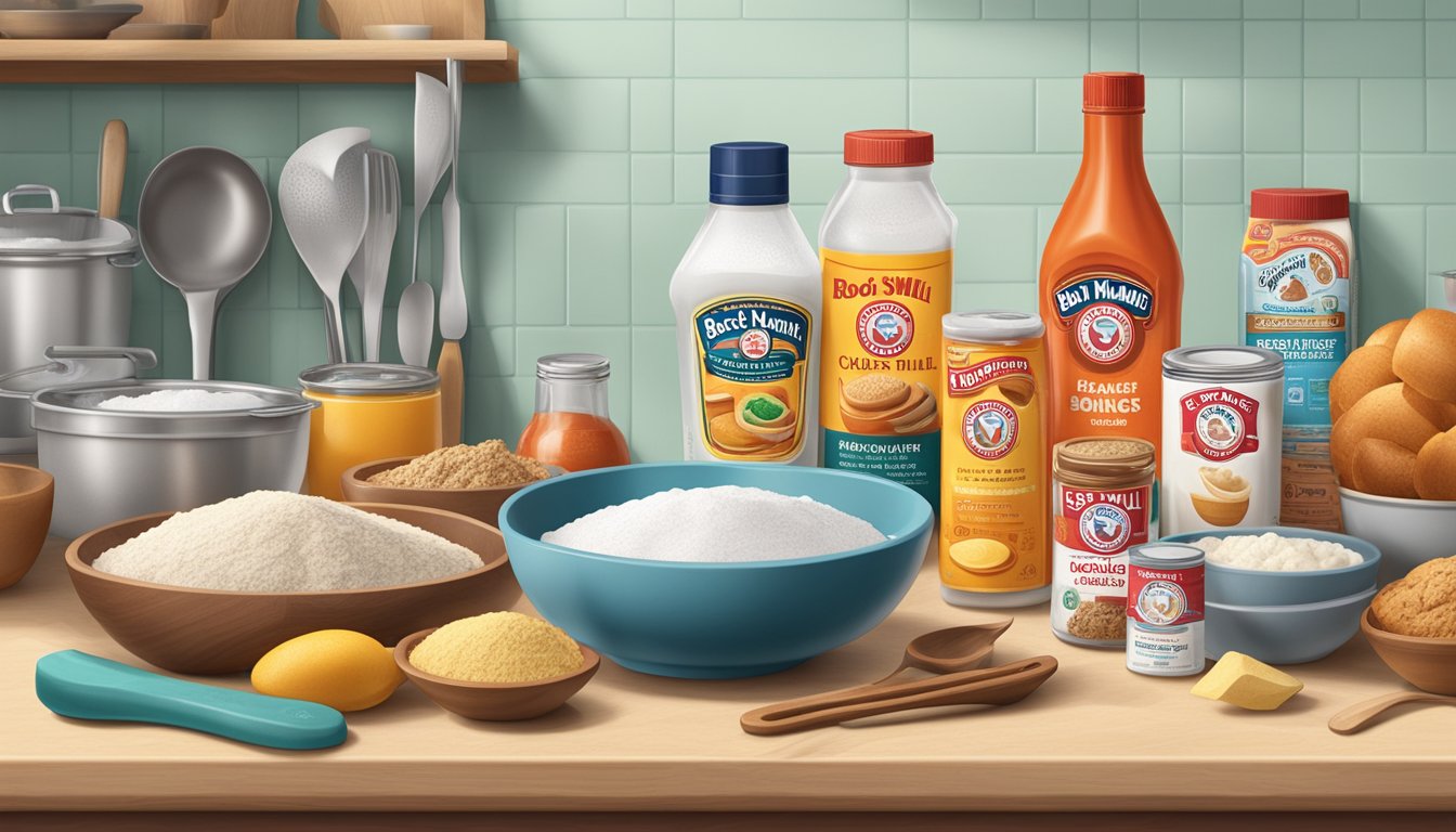 A kitchen counter with bowls of Arm & Hammer and Bob's Red Mill baking soda, surrounded by various cooking utensils and ingredients