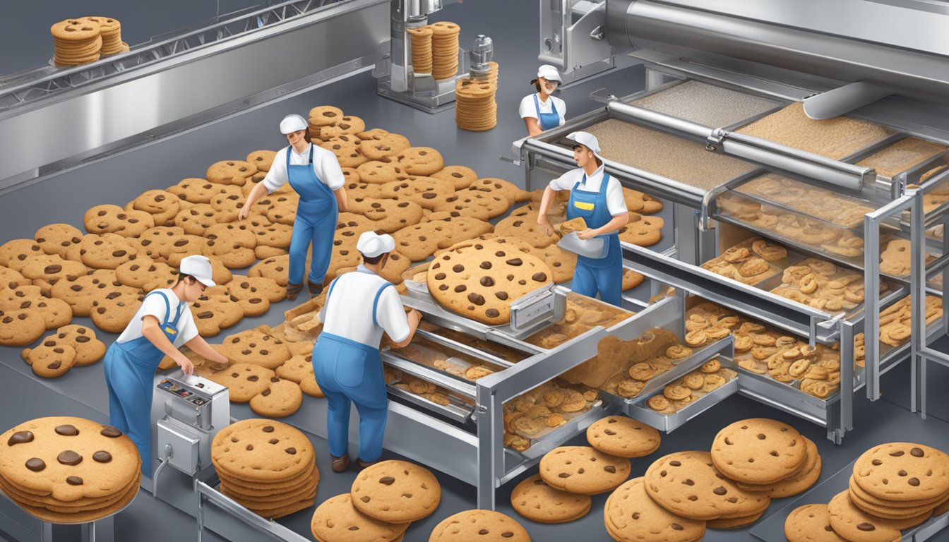 A bustling cookie factory with Keebler and Famous Amos logos displayed prominently, workers collaborating and machinery in motion