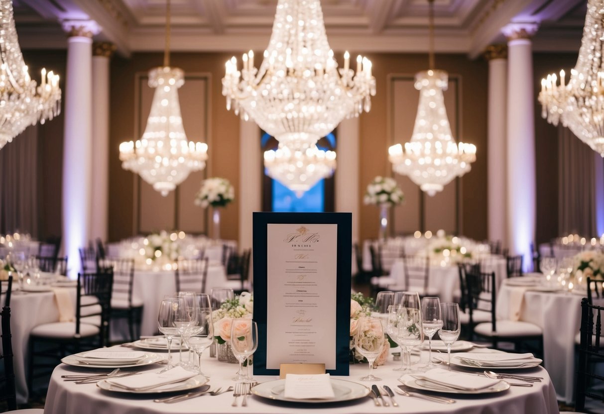 A grand ballroom with crystal chandeliers and elegant table settings, showcasing a menu of gourmet cuisine and fine wines