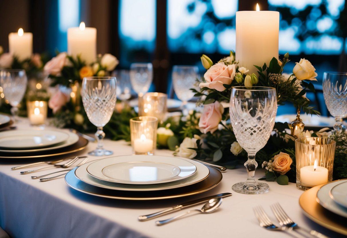 A beautifully set table with elegant place settings, fine china, and crystal glassware, adorned with fresh flowers and flickering candlelight