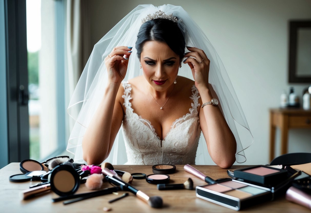 A bride nervously fidgets with her veil, surrounded by a clutter of scattered makeup and hair accessories on a table