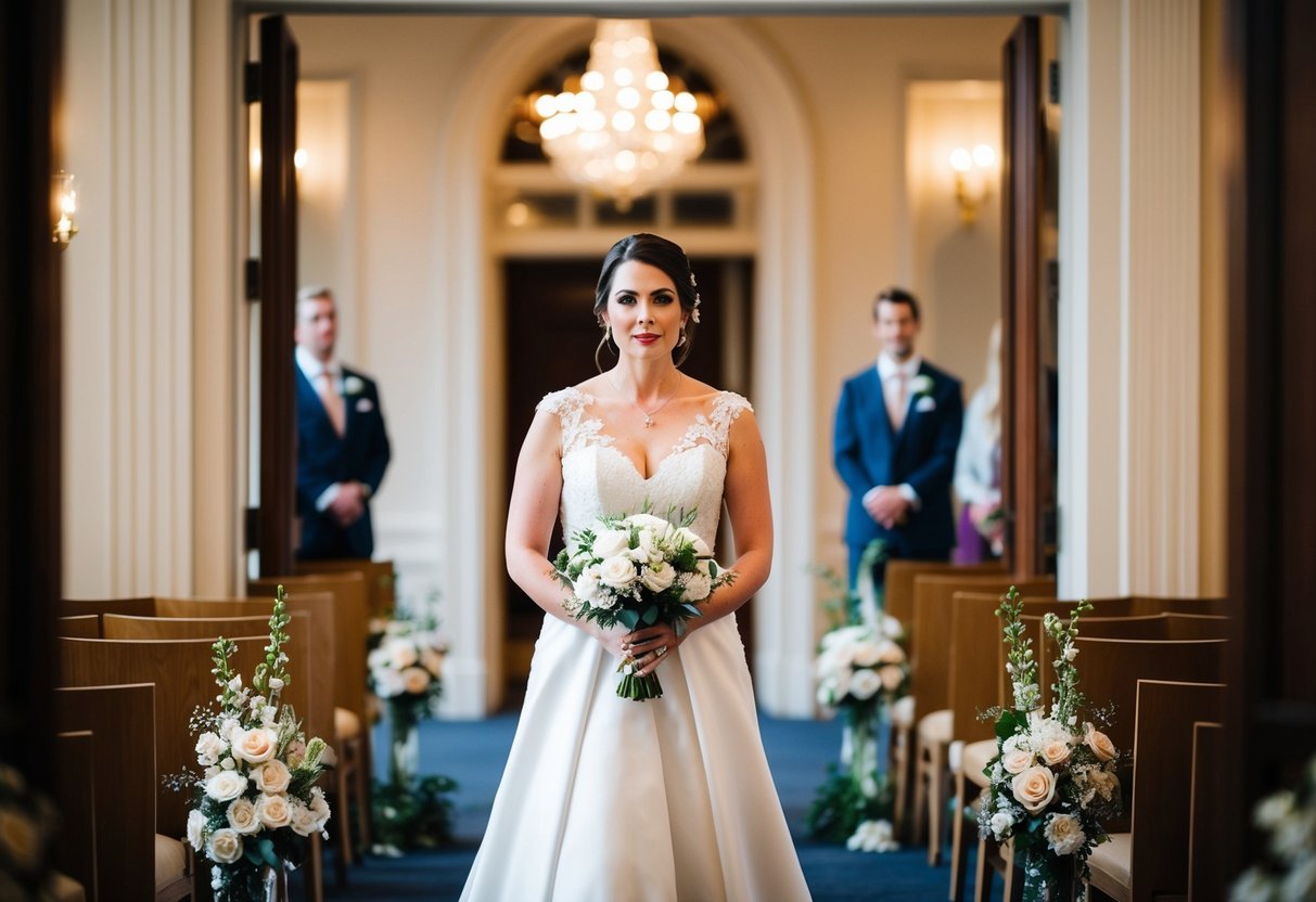 A bride standing at the entrance of a grand venue, taking a deep breath before walking down the aisle. The room is filled with flowers and soft lighting, creating a sense of anticipation and nervous excitement