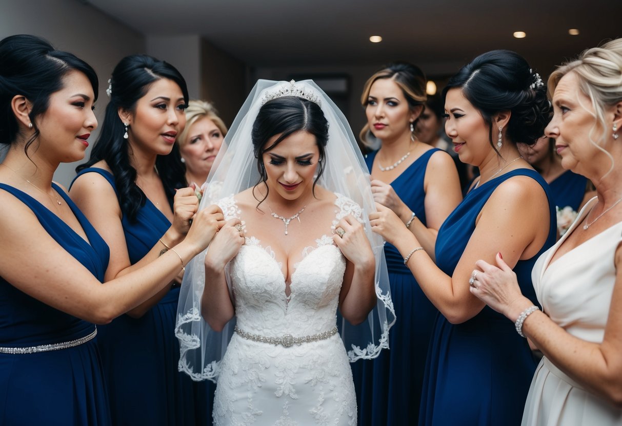 A bride nervously adjusting her veil, surrounded by supportive bridesmaids and family members
