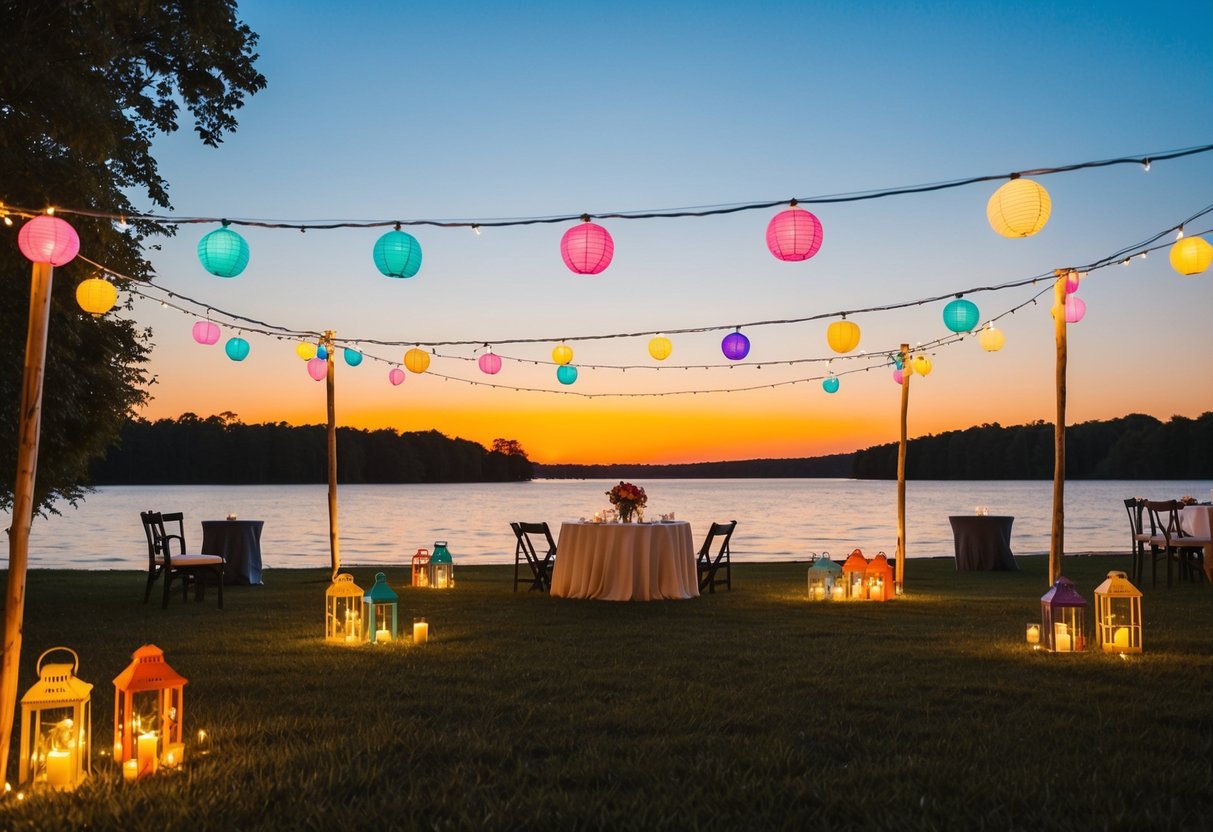 A vibrant sunset over a serene lakeside setting, with twinkling string lights and colorful lanterns illuminating a romantic outdoor reception