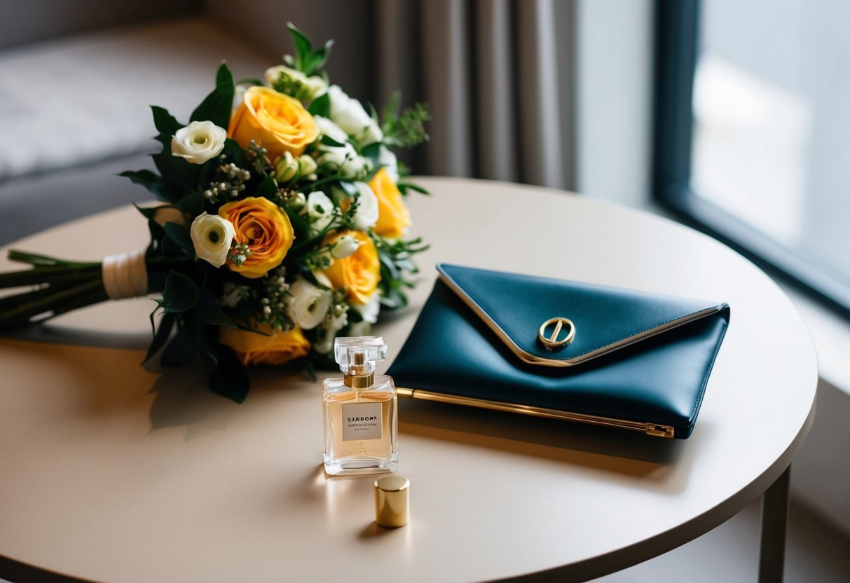 A elegant clutch sits on a table, next to a bouquet of flowers and a small bottle of perfume