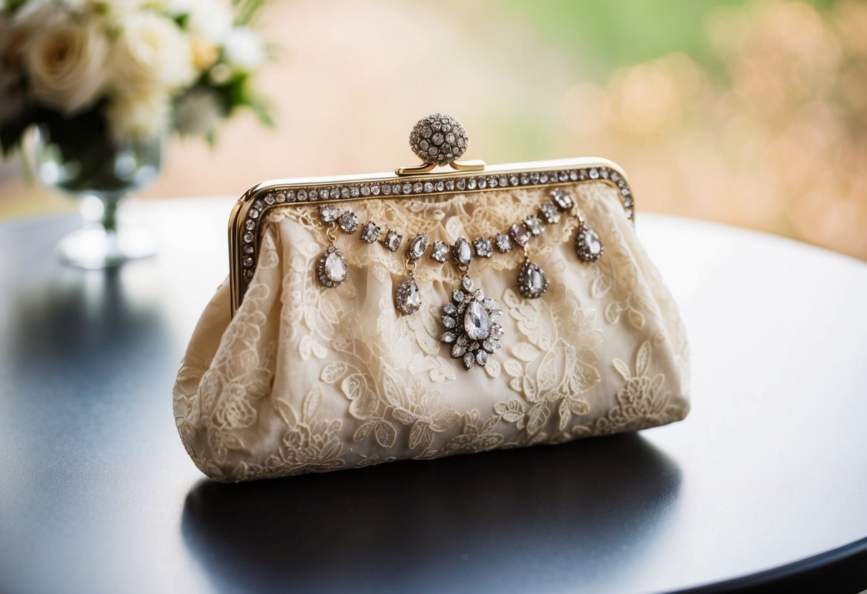 A delicate clutch sits on a table, adorned with elegant lace and shimmering jewels, ready to be carried by the mother of the bride