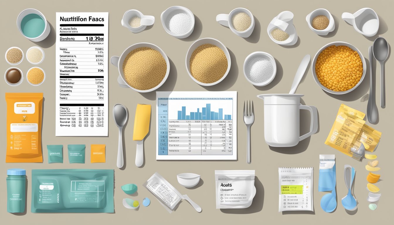 A table with two branded food packaging, surrounded by measuring cups and spoons, with nutritional information labels and a calculator