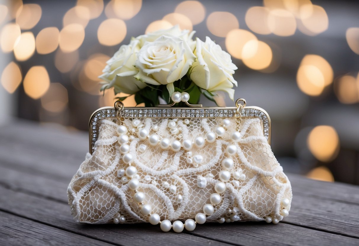 A delicate lace clutch adorned with pearls and a small bouquet of white roses