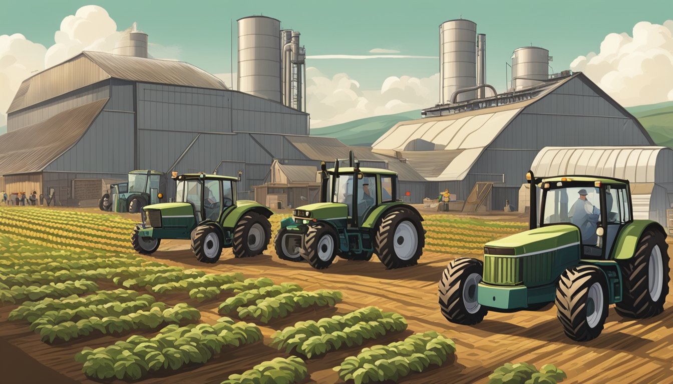 A bustling potato farm with vintage equipment, while a modern factory hums in the background