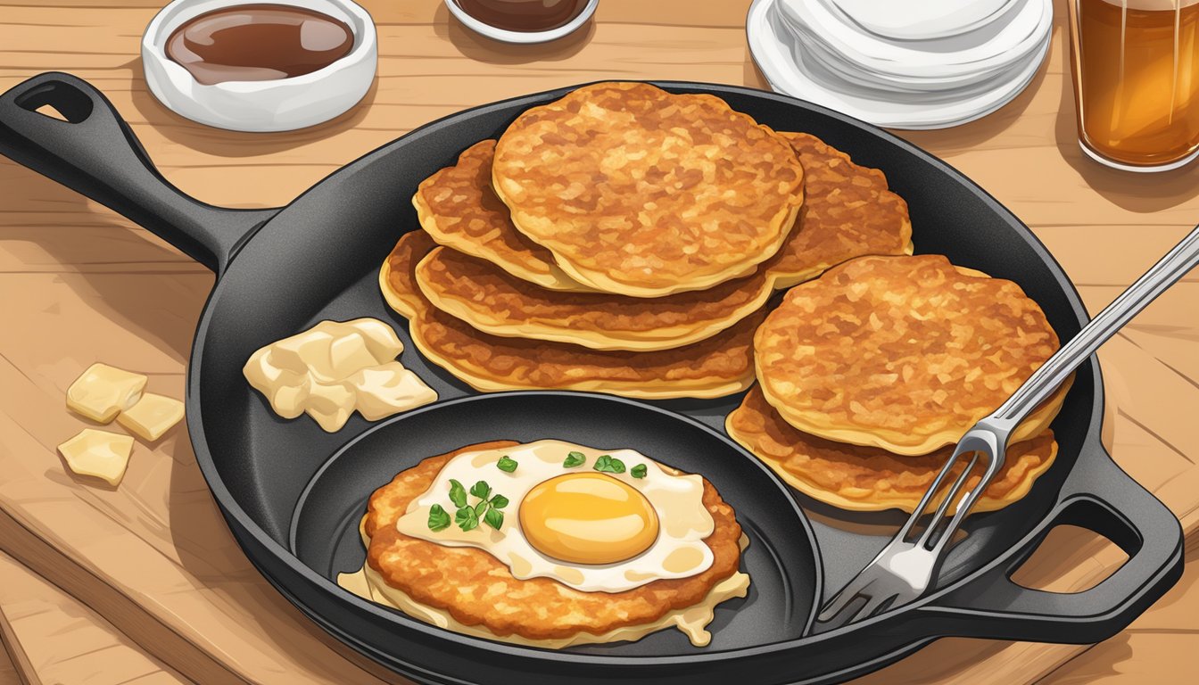 A sizzling skillet of sausage and hash browns contrasts with a fluffy stack of pancakes and syrup