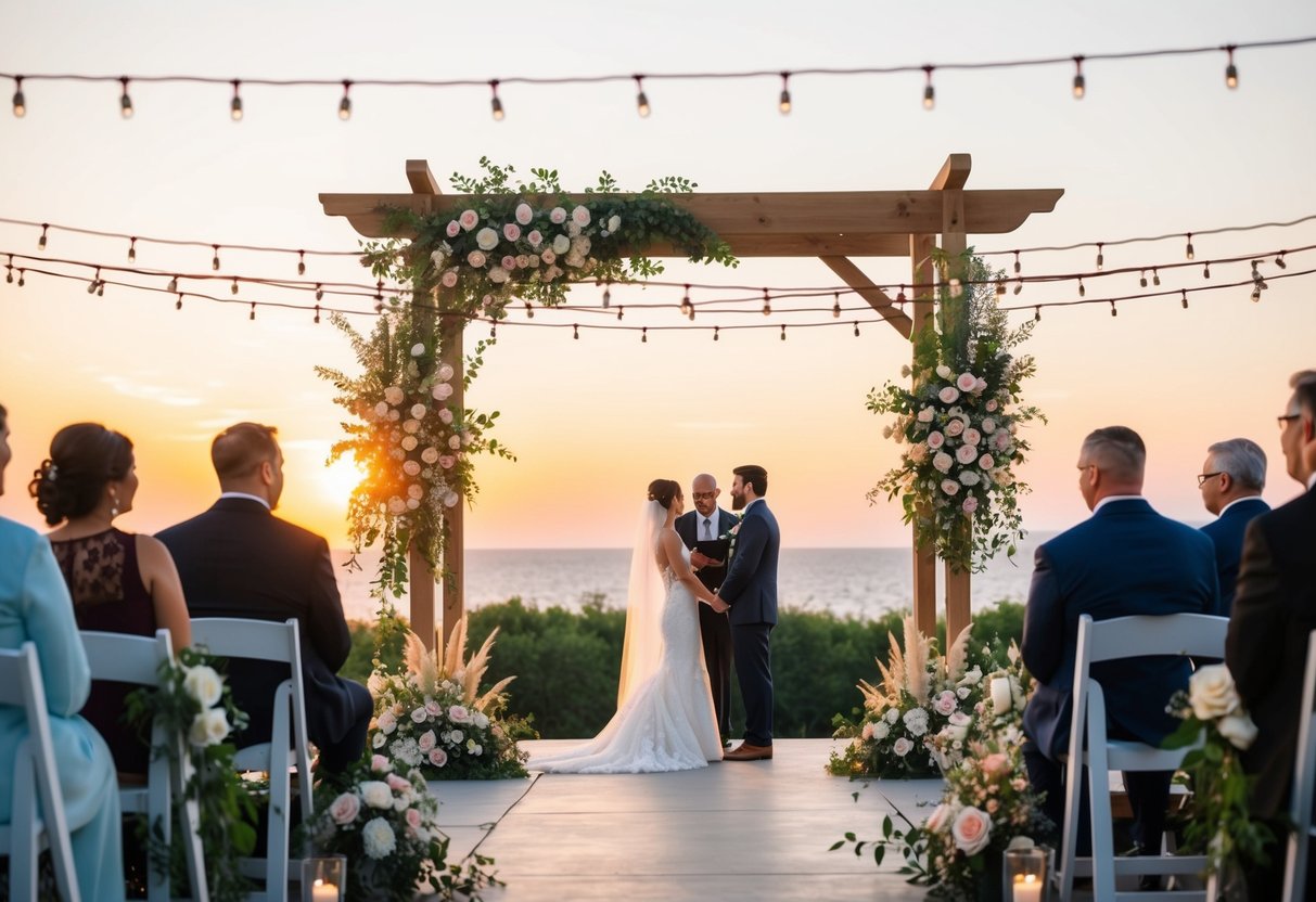 A beautiful outdoor wedding ceremony with string lights, floral arrangements, and a stunning sunset backdrop